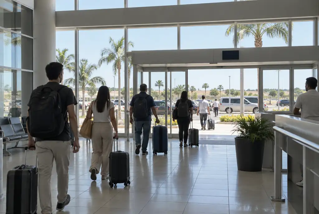 Travelers with suitcases walking through a bright airport arrivals hall