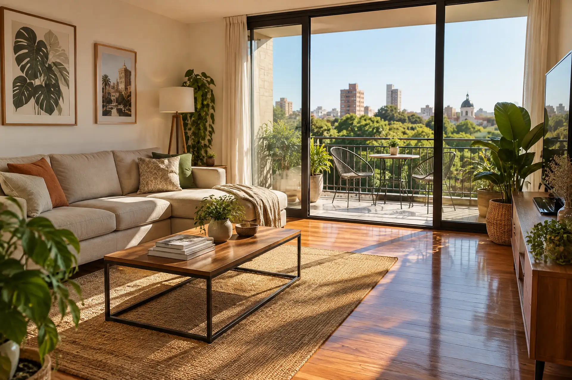 Sunlit apartment living room with a sofa and a balcony overlooking green treetops