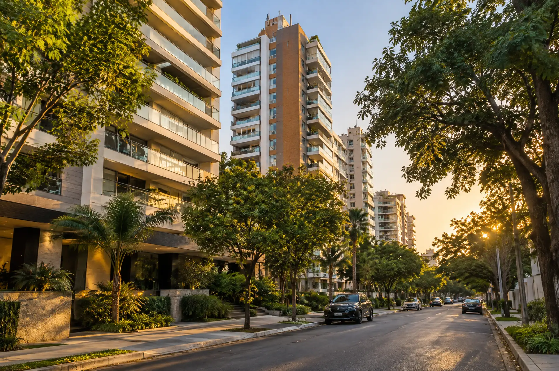 Modern apartment towers along a tree-lined street in Villa Morra, Asunción at sunset