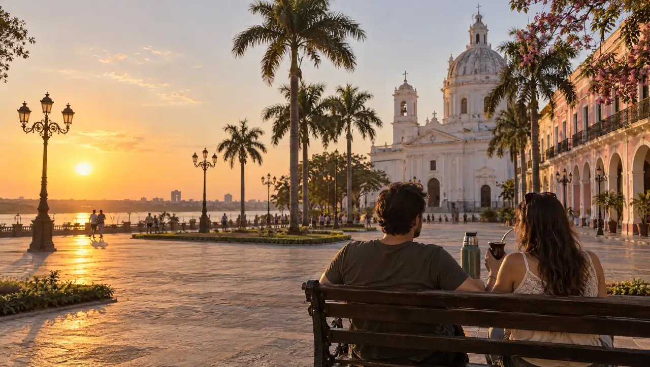 Couple sharing tereré on a bench in a palm-lined plaza in Asunción with the cathedral glowing at golden hour