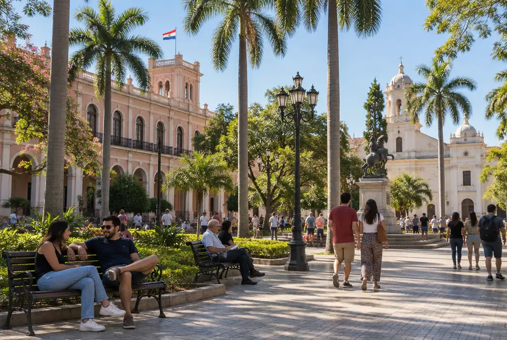 Locals and visitors strolling through a sunny palm-lined plaza in Asunción