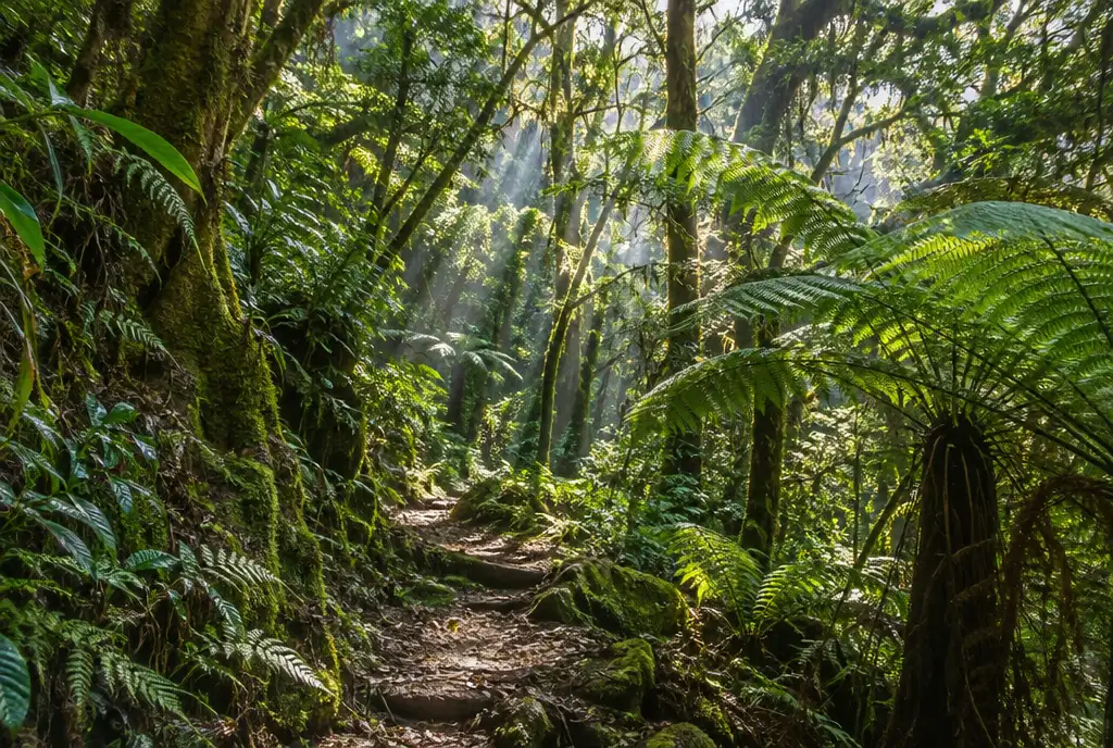 Sunlit hiking trail through dense Atlantic rainforest with giant ferns