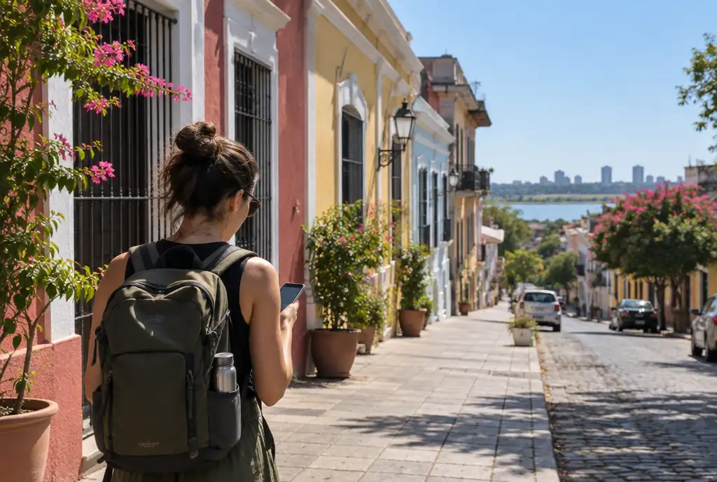 Traveler with a backpack checking a phone on a sunny colonial street in Asunción