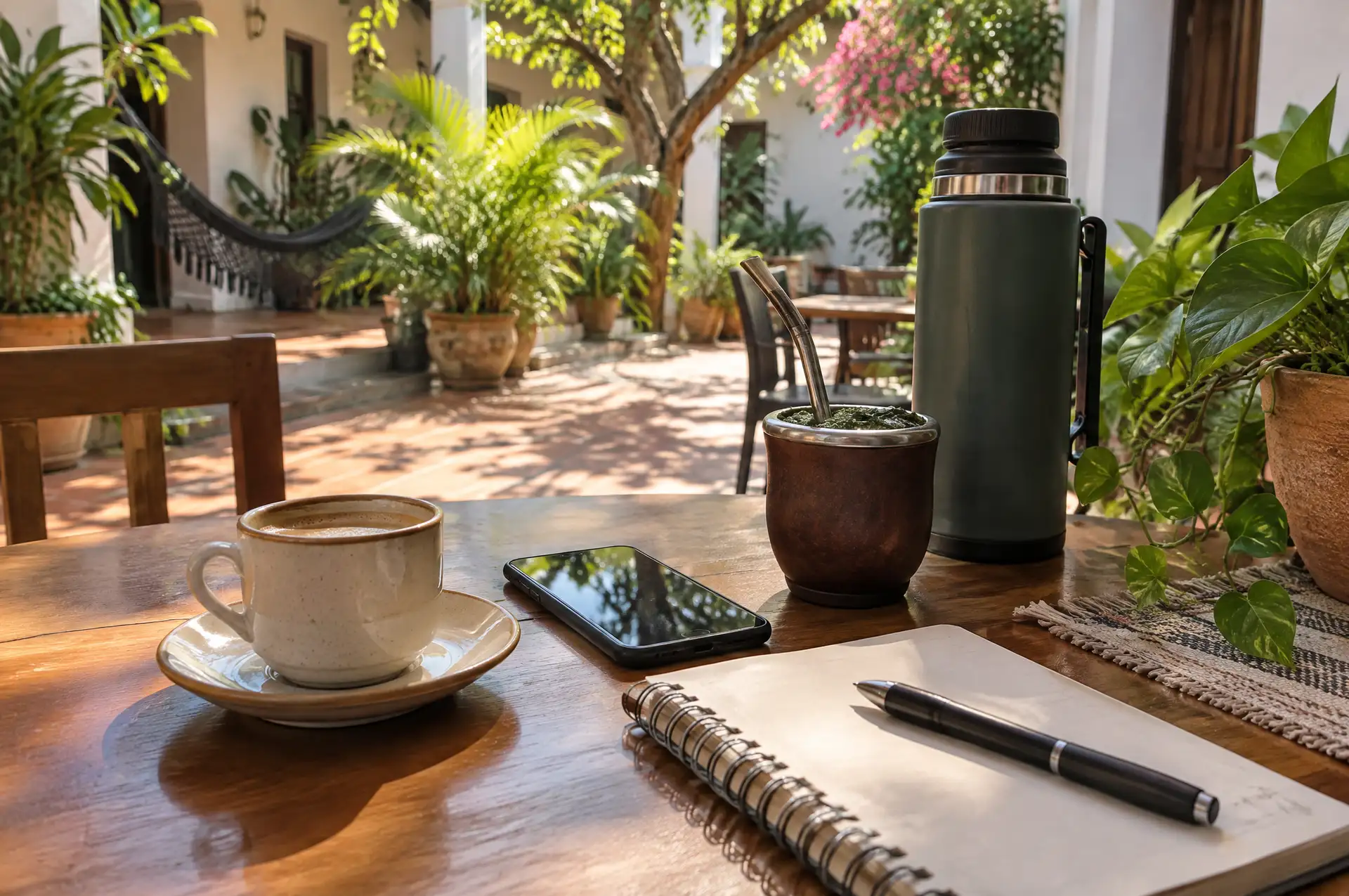 Illustration of a cafe table with coffee, a notebook and a tereré thermos
