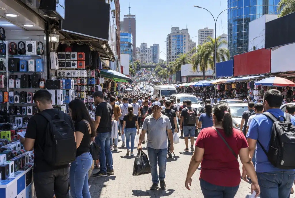 Crowded shopping street with electronics stalls in Ciudad del Este
