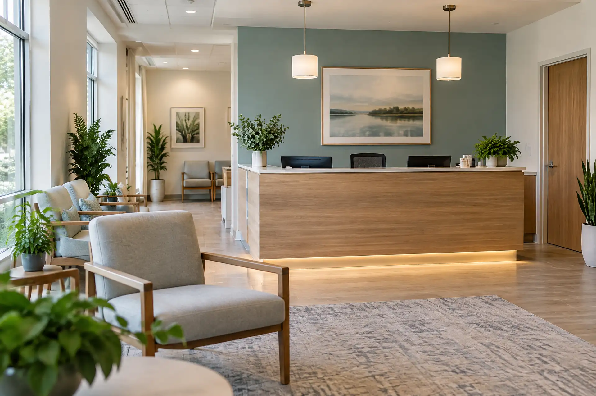 Calm modern clinic reception with a wooden desk, plants and waiting chairs