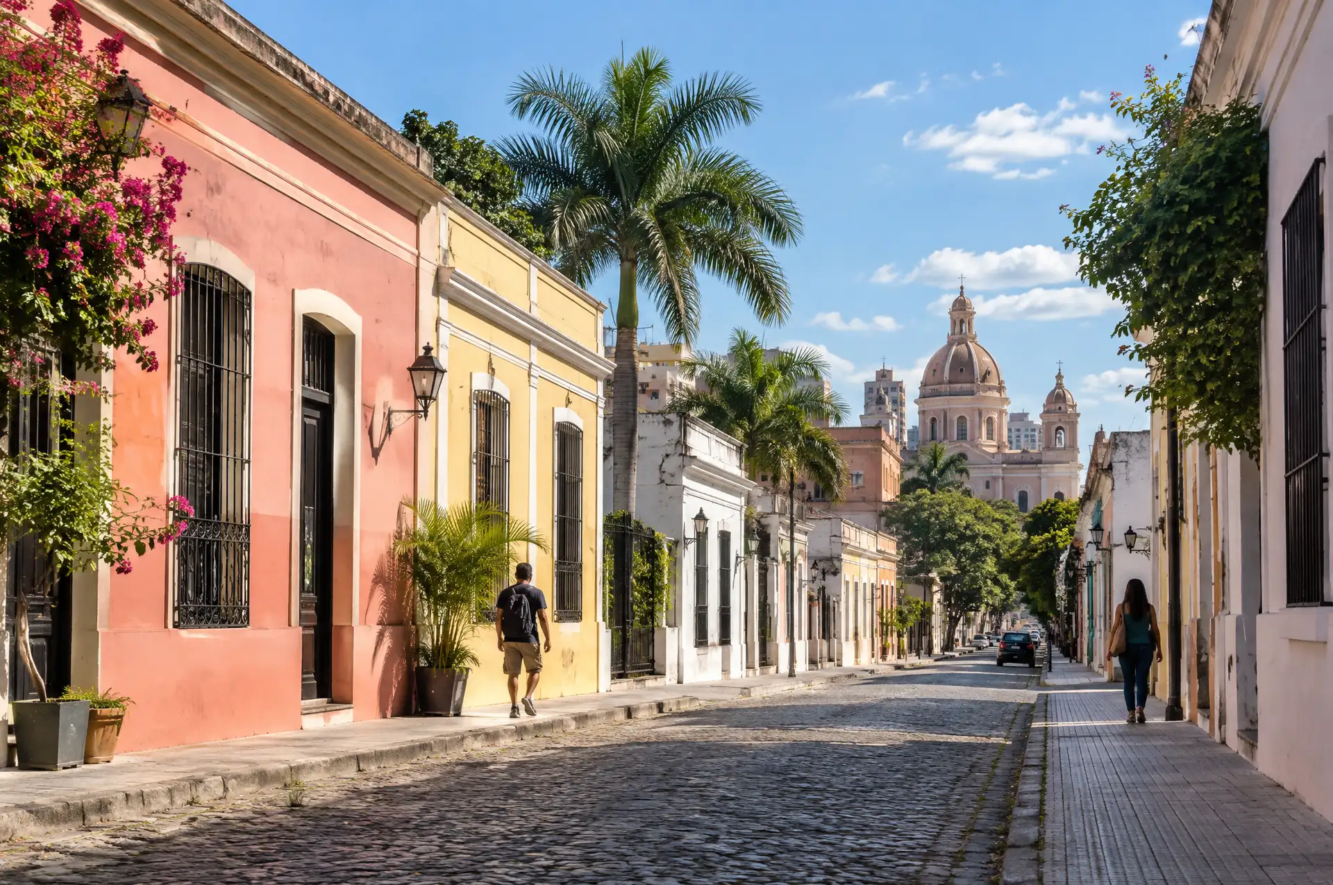 Cobblestone street of pastel colonial houses in Asunción with a church dome in the distance