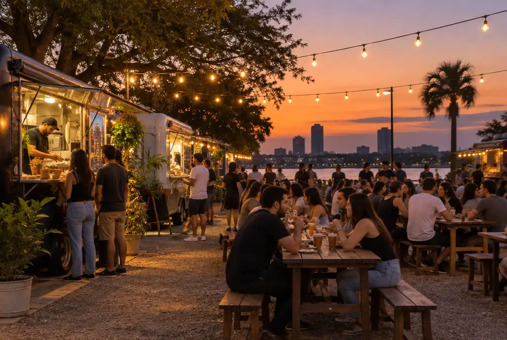 People eating at communal tables under string lights at an Asunción food park at dusk
