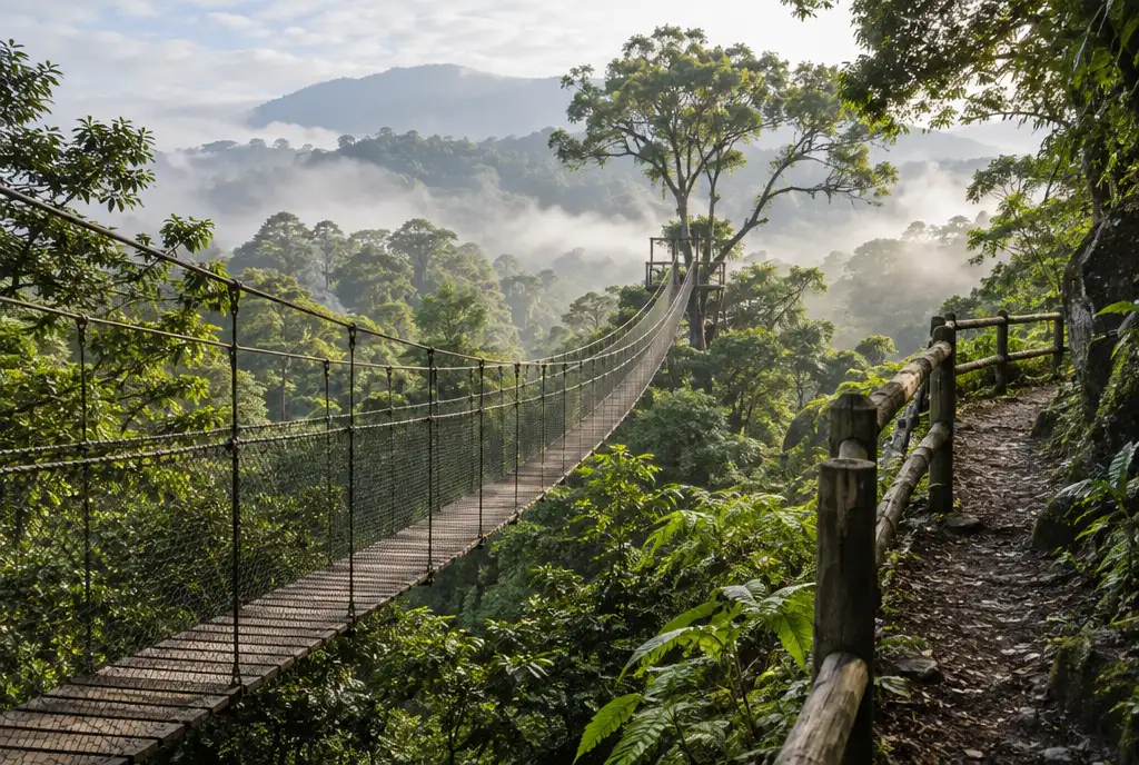 Suspension bridge and hiking trail above a misty forest canopy in an eco reserve
