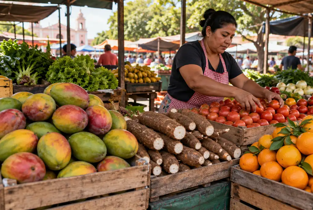 Vendor arranging mangoes, cassava, tomatoes and oranges at a Paraguayan market stall