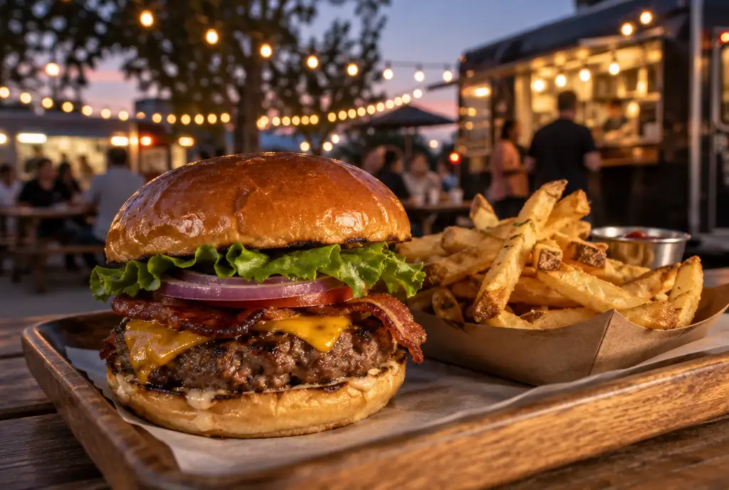 Gourmet burger and fries on a wooden tray at an evening food truck park