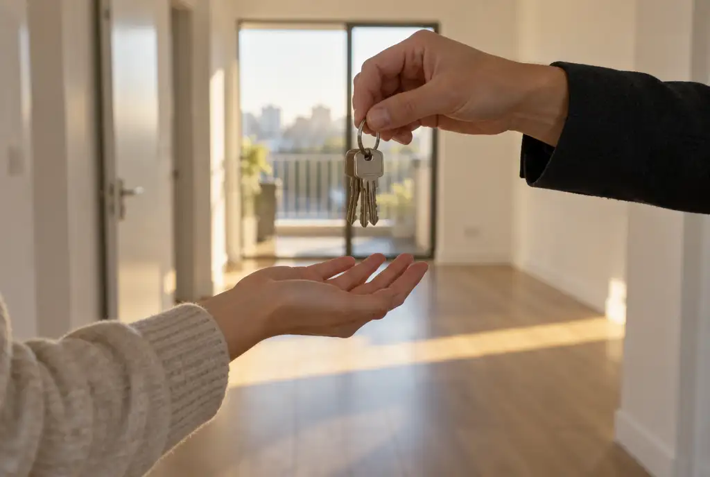 Hand passing apartment keys to another hand in a bright empty apartment