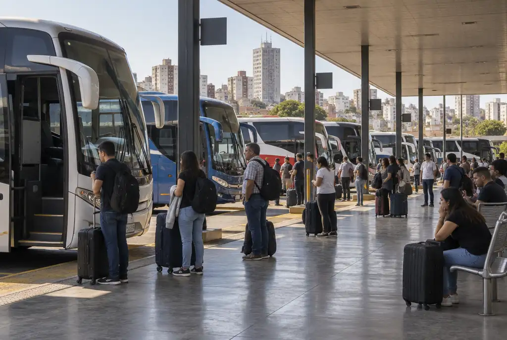 Intercity coaches and waiting passengers with luggage at a covered bus terminal platform