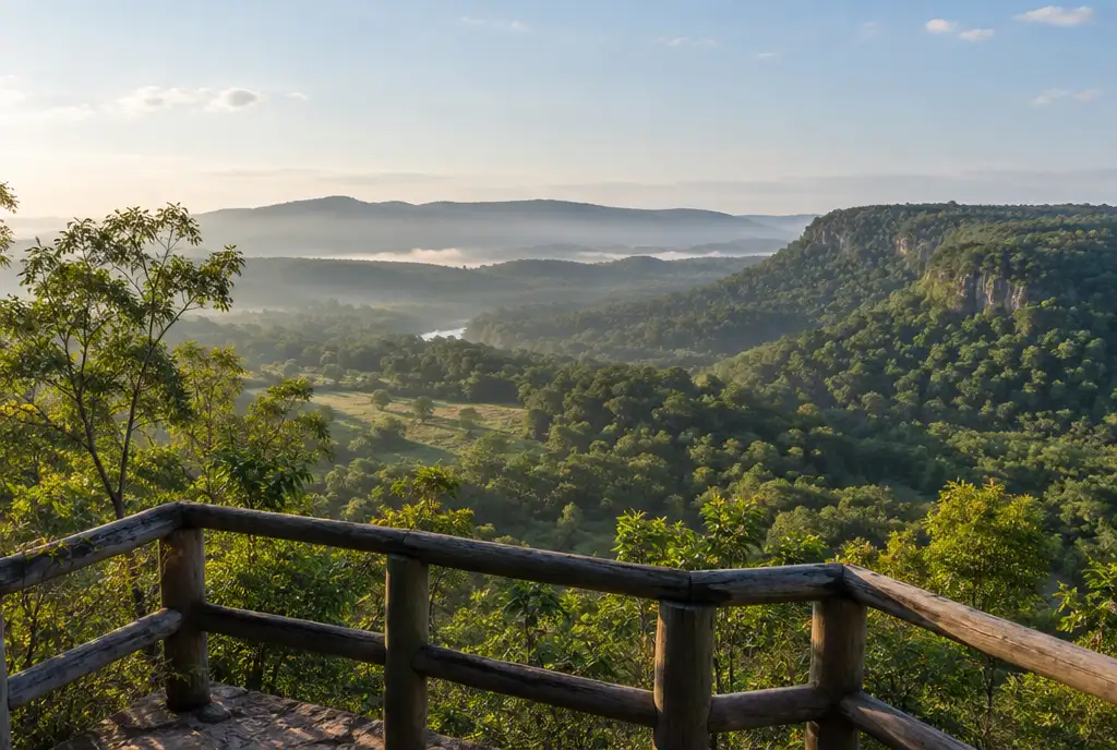 Wooden lookout railing over forested green hills in a Paraguayan national park