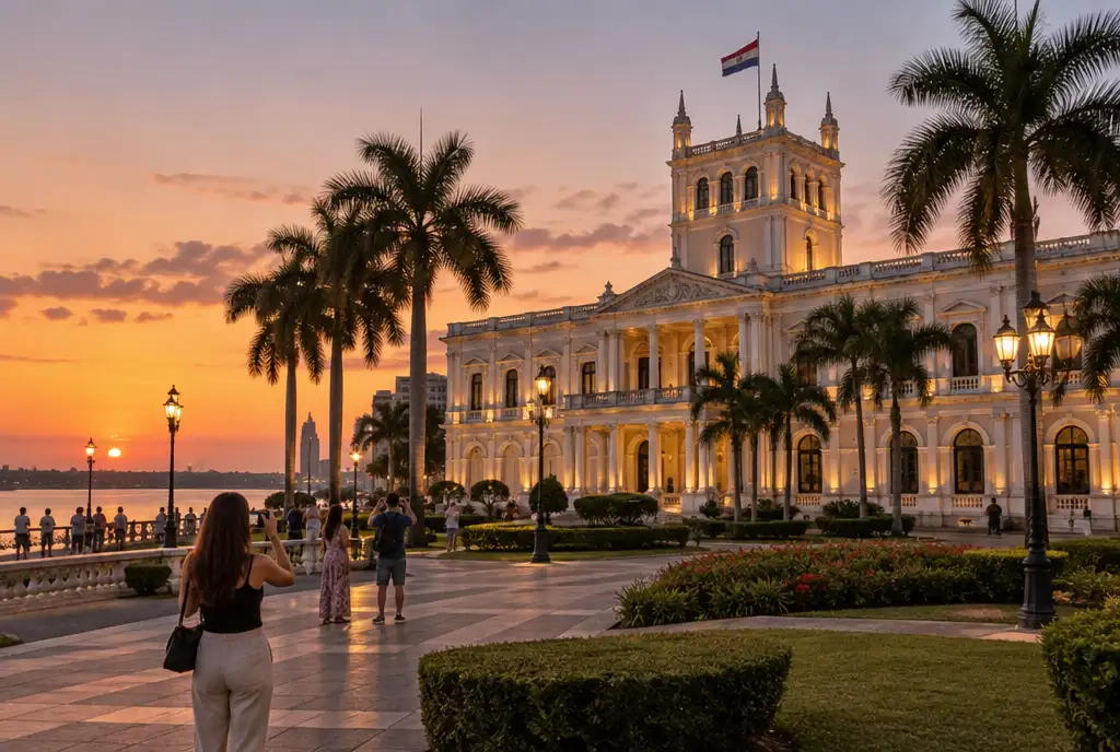 Illuminated neoclassical palace and palm-lined plaza at dusk on the Asunción riverfront
