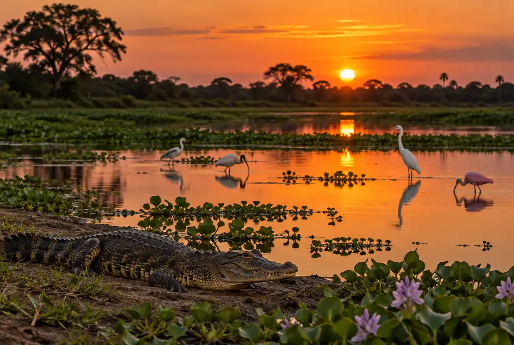 Caiman resting on the bank of a Pantanal wetland at sunset with egrets wading