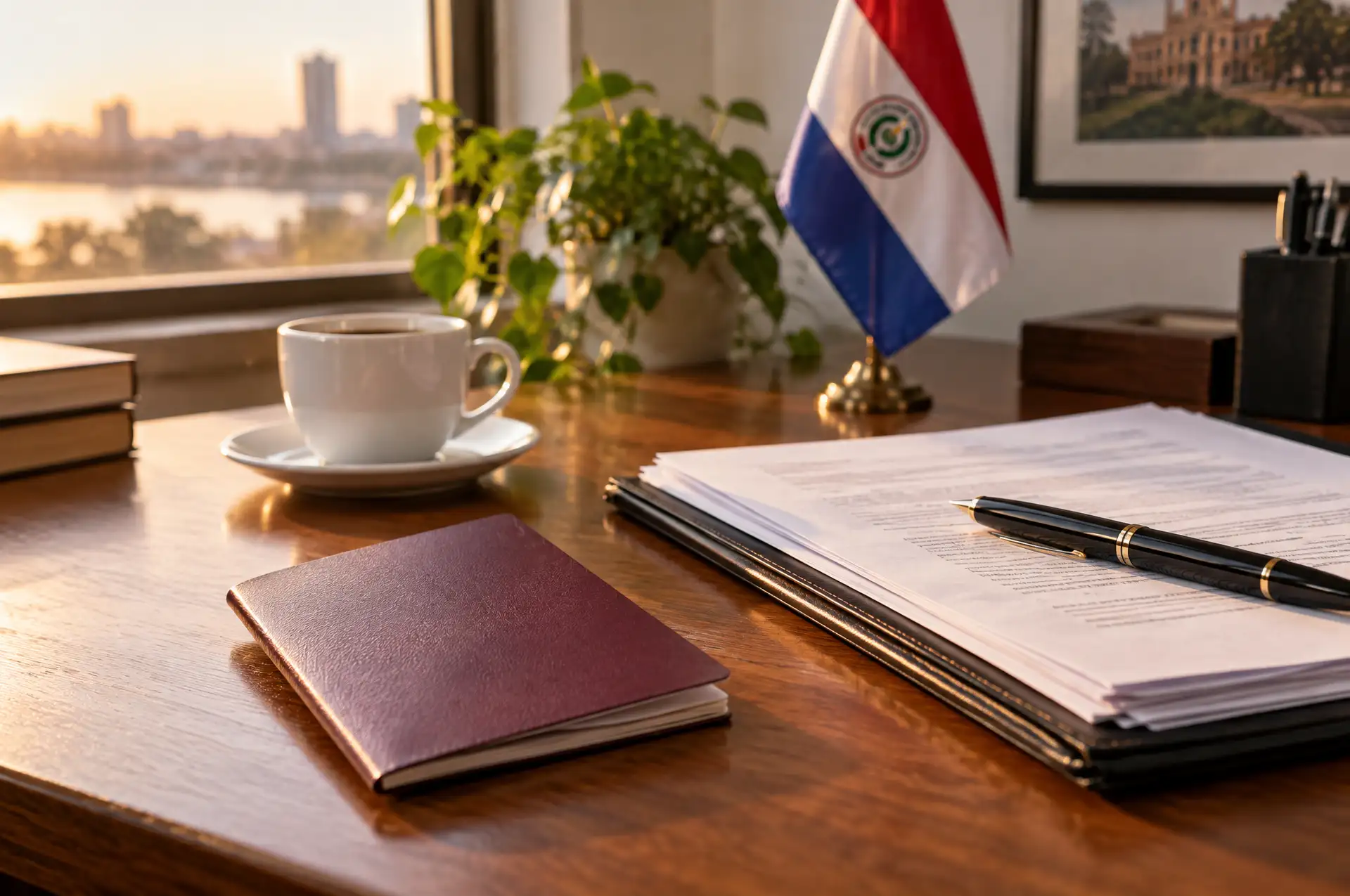 Desk with a passport, folder of documents, pen and coffee beside a small Paraguayan flag