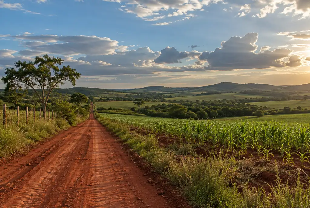 Red dirt road crossing green farmland and hills in rural Paraguay