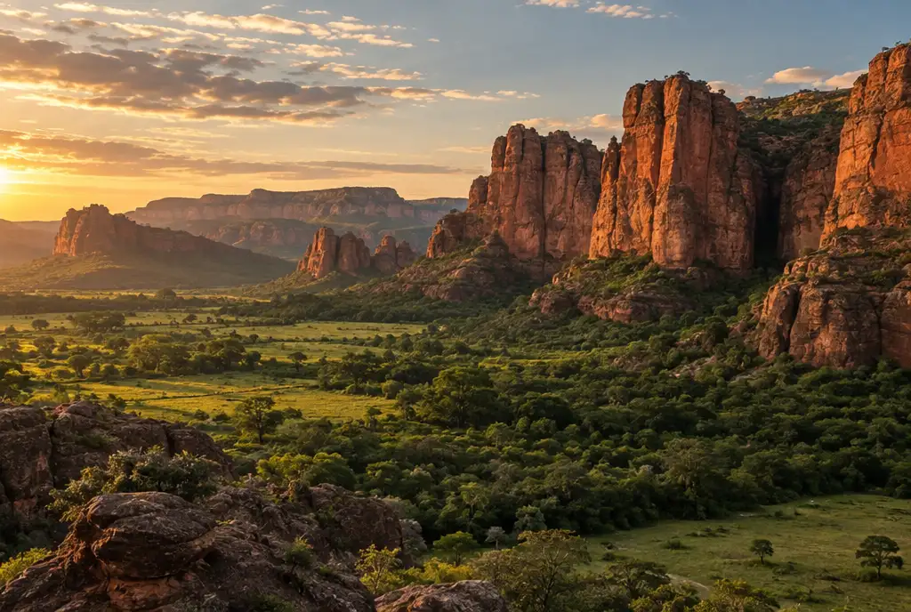 Red sandstone cliffs above green forest and grassland at golden hour