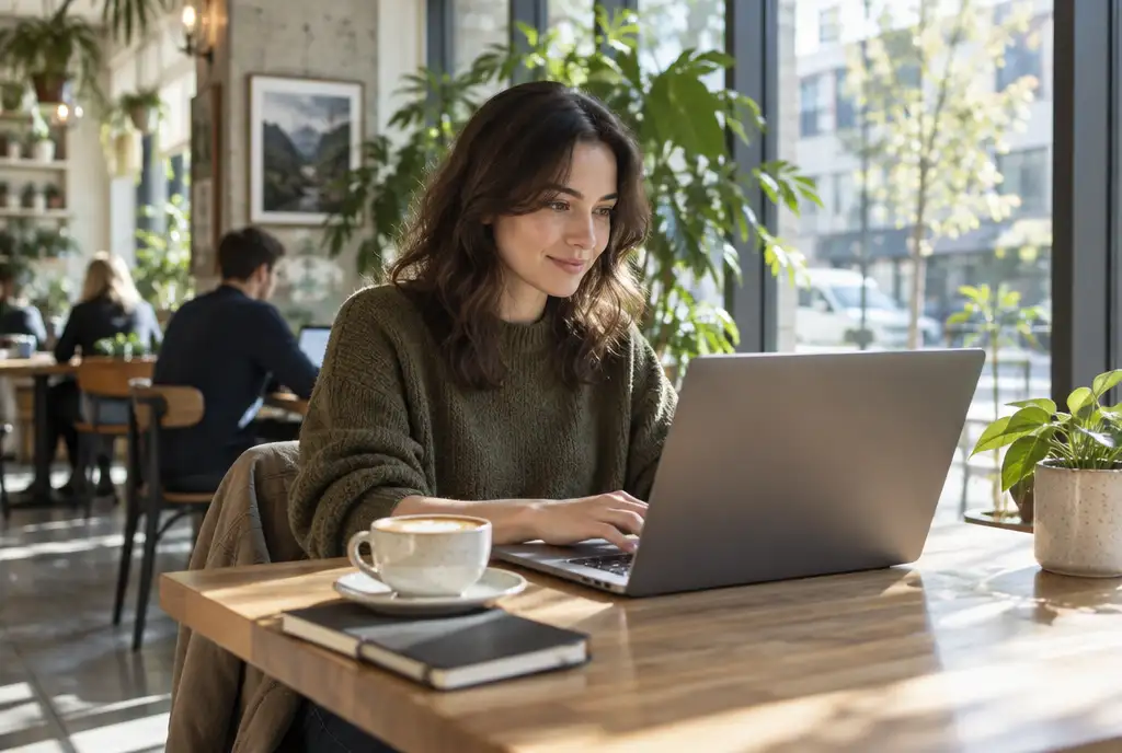 Remote worker with a laptop and coffee in a bright cafe with plants