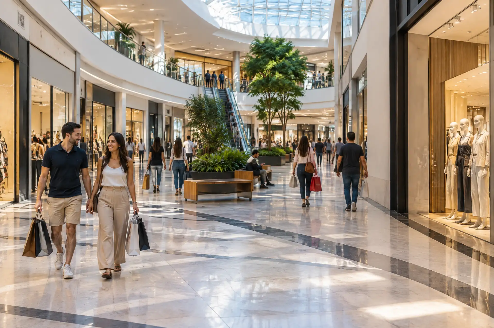 Shoppers with bags walking through a bright mall atrium in Asunción