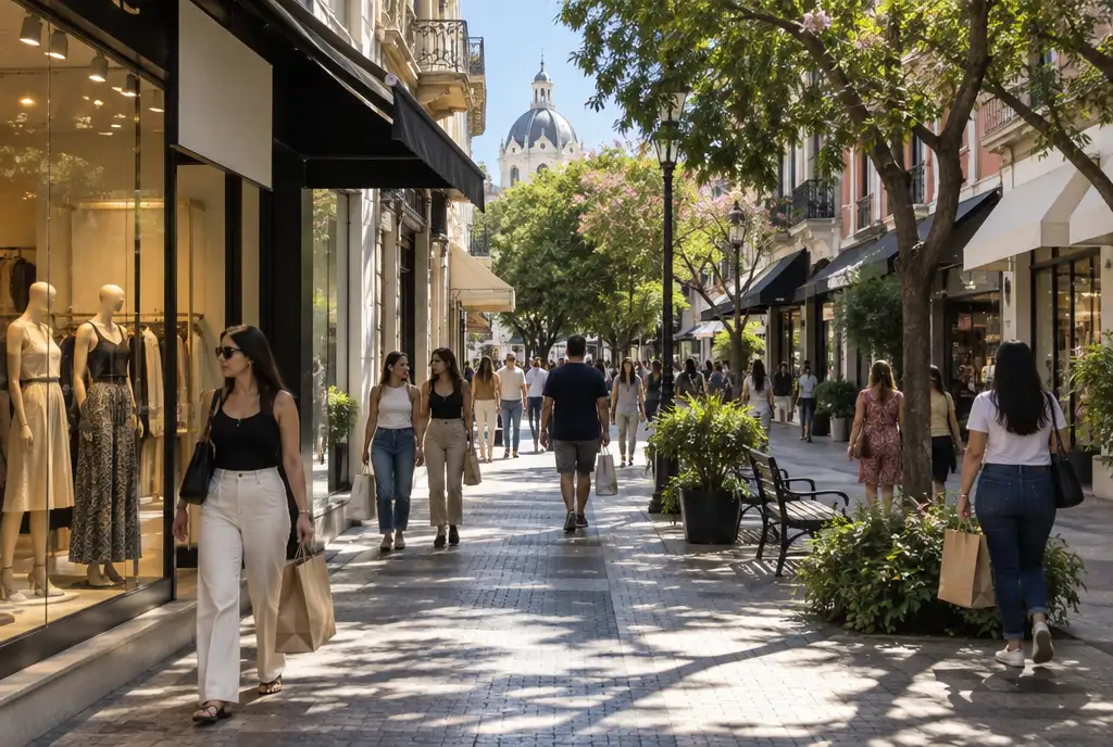 Shoppers walking past boutiques on a sunny tree-lined street in Asunción