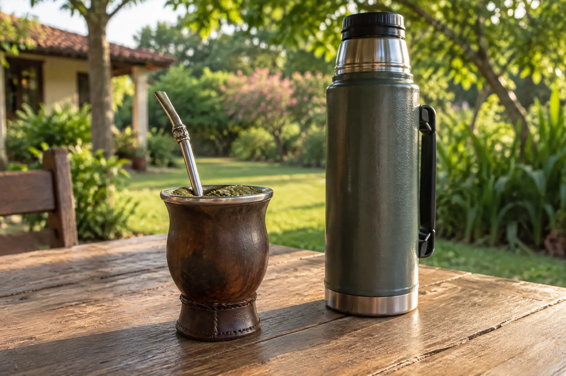 Guampa cup of yerba mate with a bombilla beside a thermos on a garden table in Paraguay