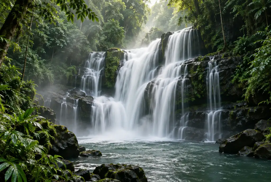 Wide tiered waterfall tumbling into a pool in misty tropical forest