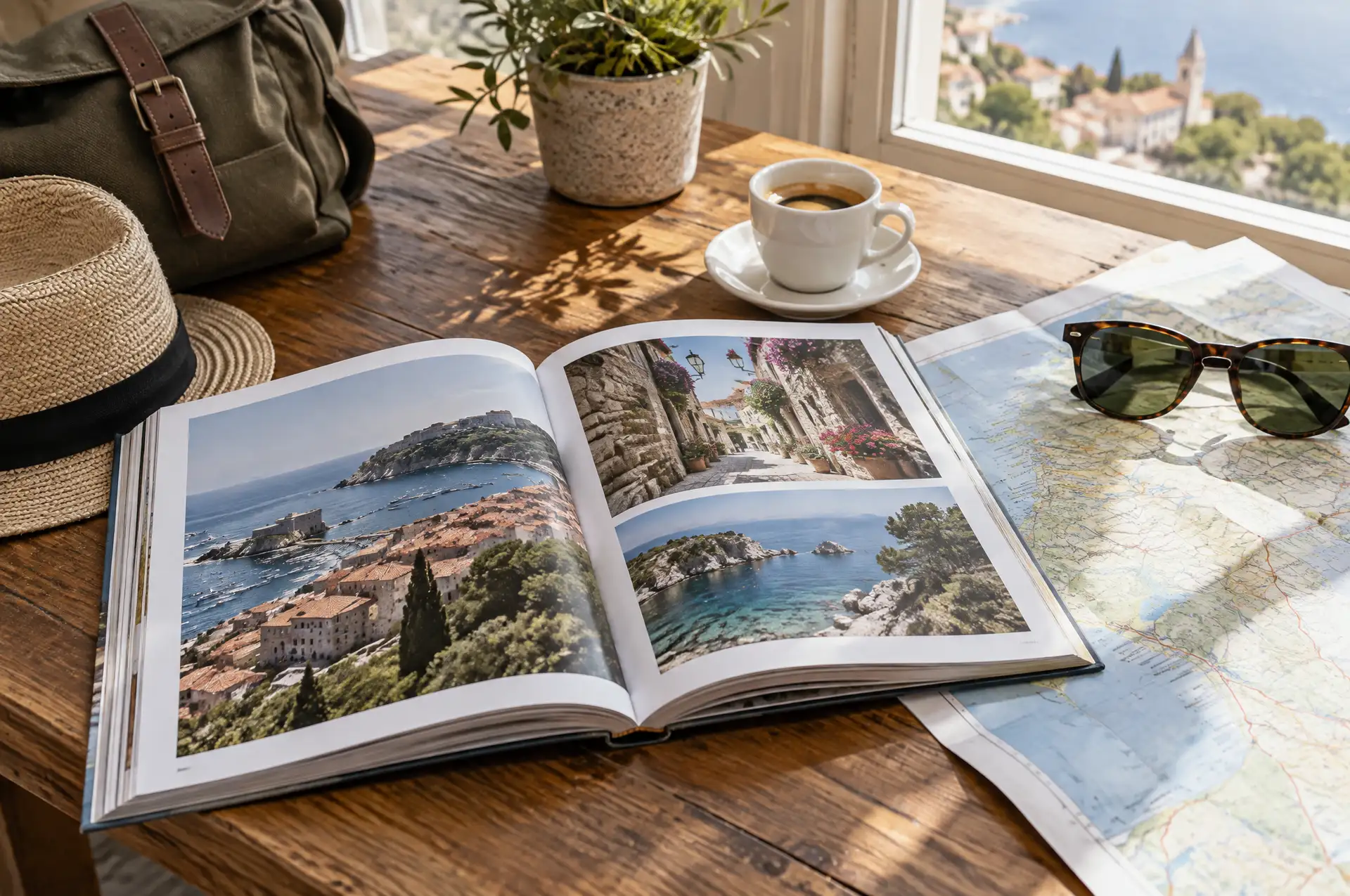 Open printed travel guidebook on a wooden table with a map, sunglasses and coffee