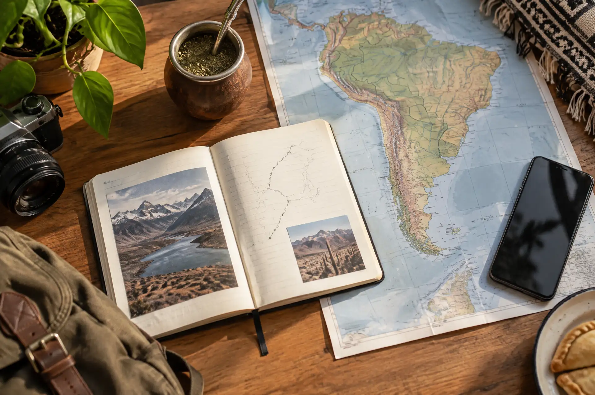 Travel planning desk with a notebook, map of South America, phone and mate cup