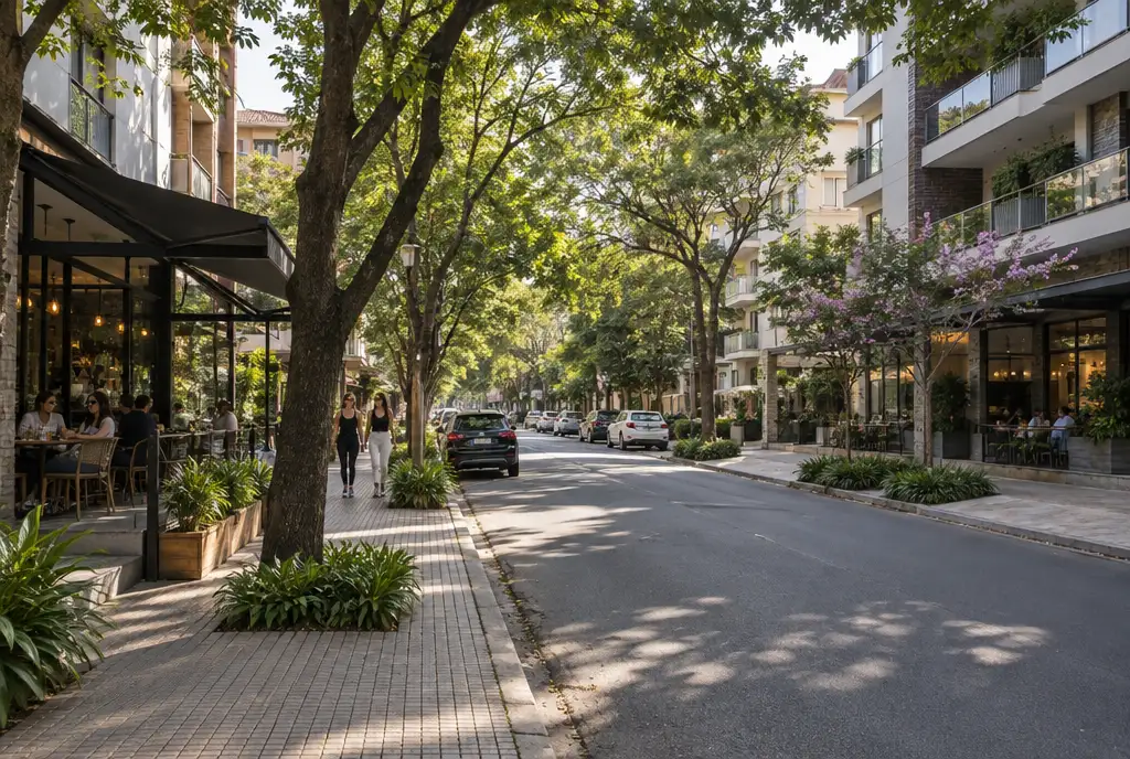 Tree-lined street with cafes and low-rise apartment buildings in Villa Morra, Asunción