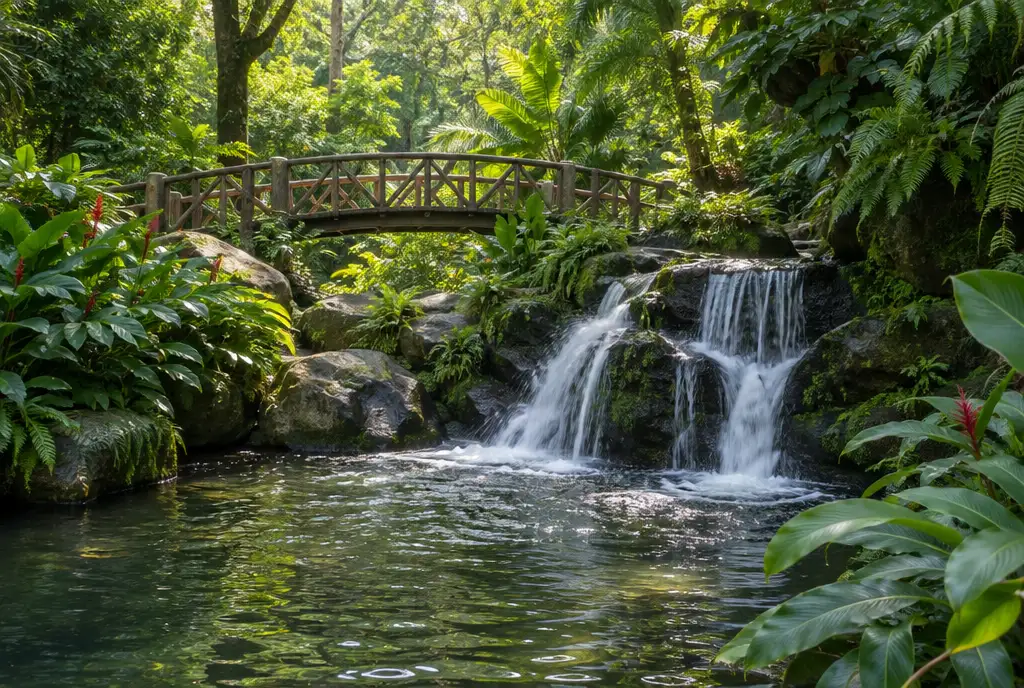 Small waterfall and wooden footbridge in a lush green eco park