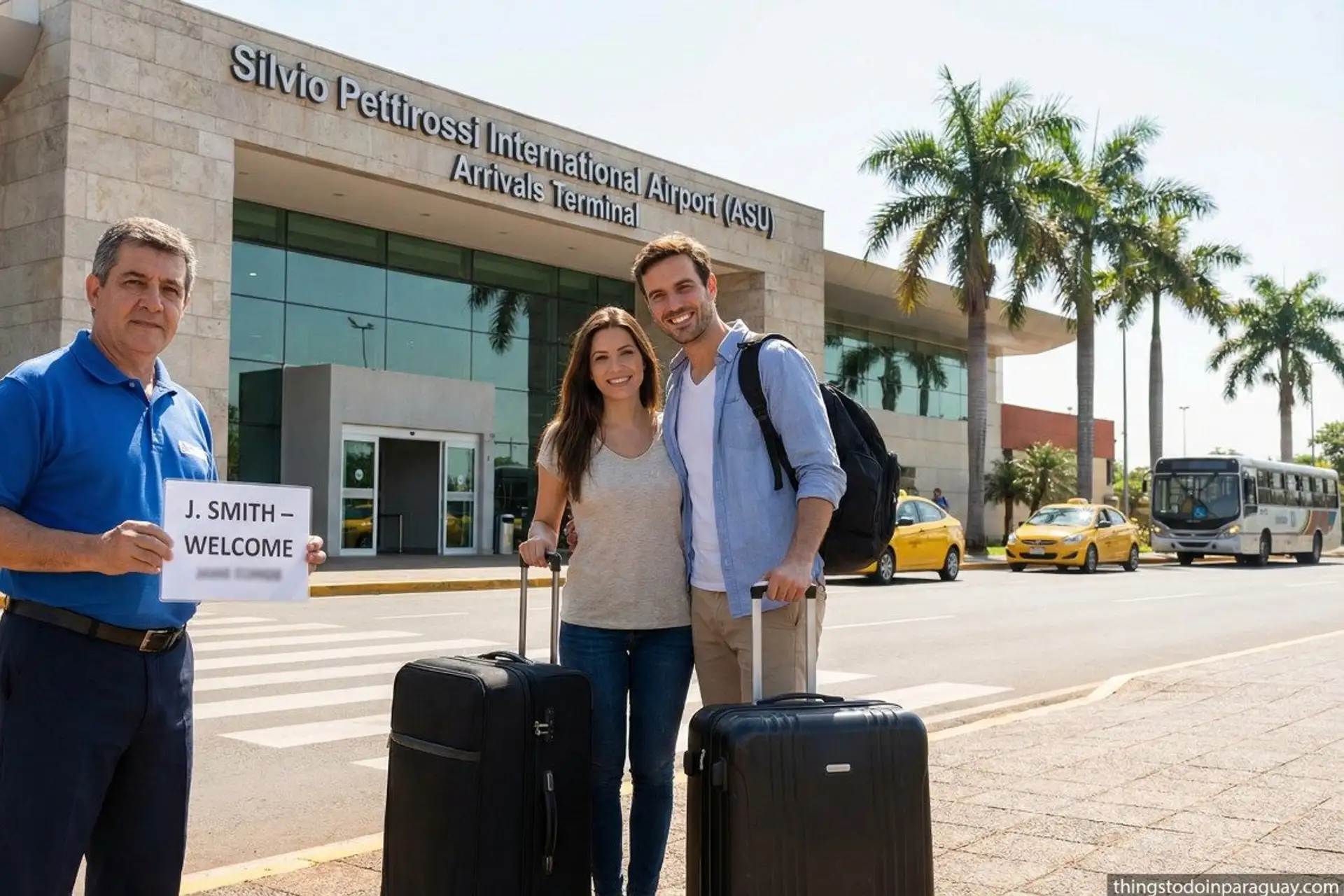 Driver holds a welcome sign for arriving tourists outside Silvio Pettirossi International Airport