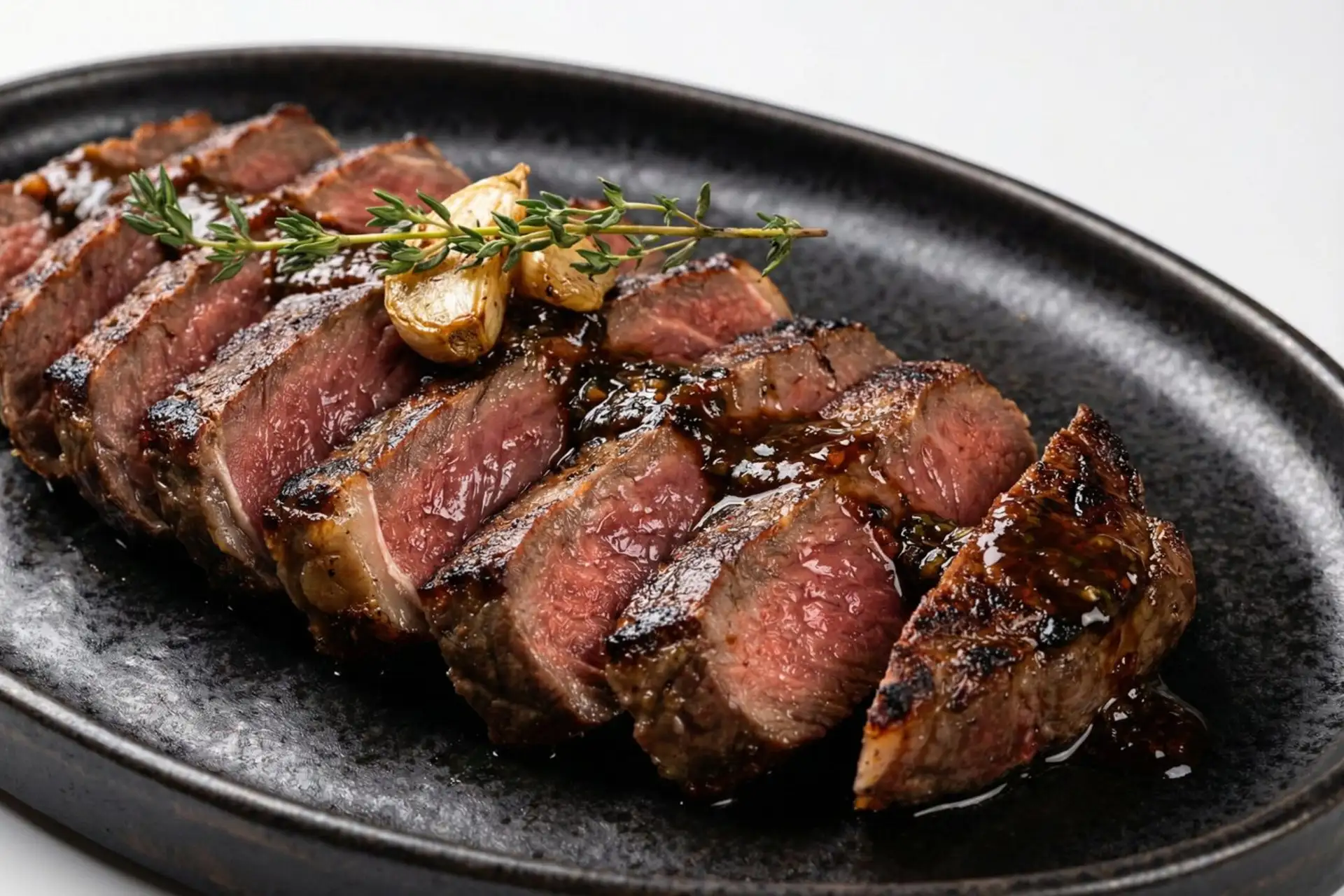 Sliced grilled steak served with garlic and herbs on a dark plate Paraguayan asado style