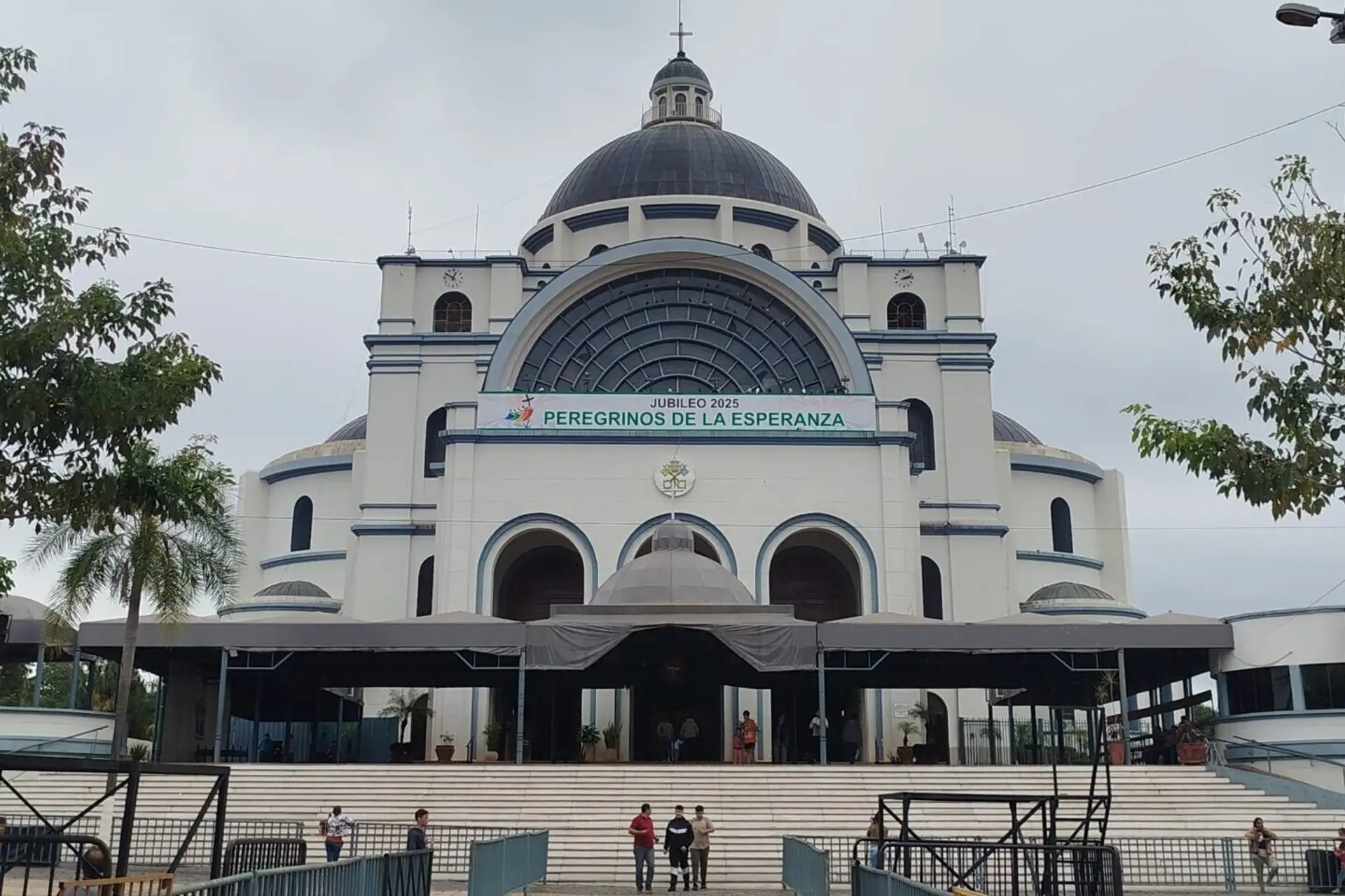 Front facade and dome of the Basilica of Caacupe pilgrimage site in Paraguay