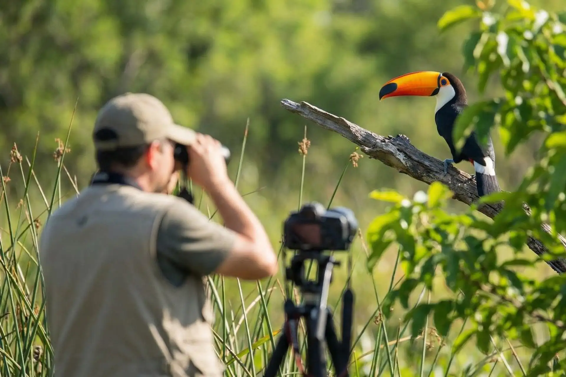 Birdwatcher with binoculars observes a toco toucan perched on a branch