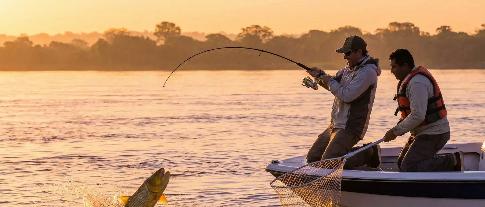 Two fishermen reel in a leaping dorado fish from a boat at sunset