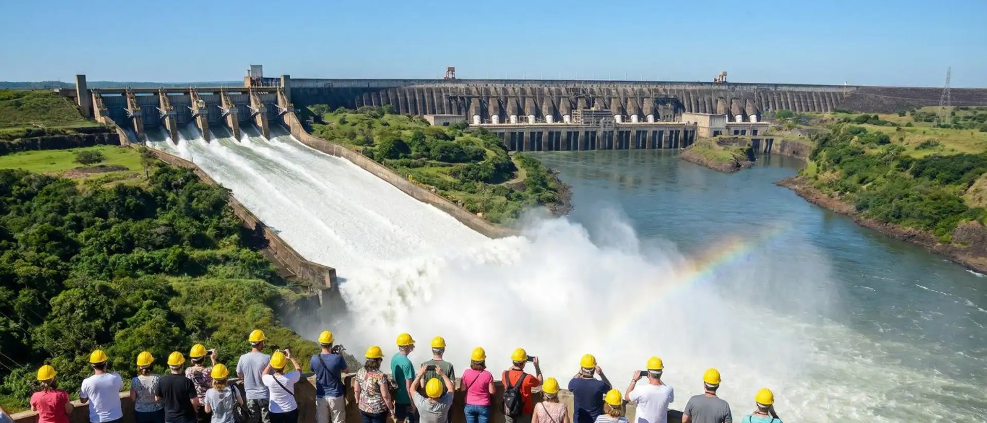Tourists in hard hats watch water rushing over Itaipu Dam with a rainbow forming