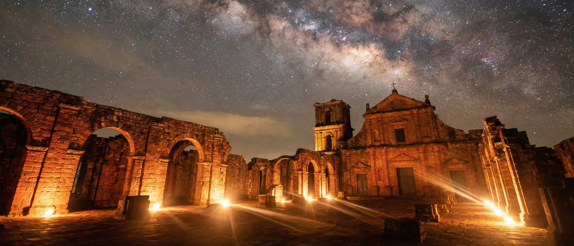 Illuminated Jesuit mission ruins at night beneath a sky full of stars and the Milky Way