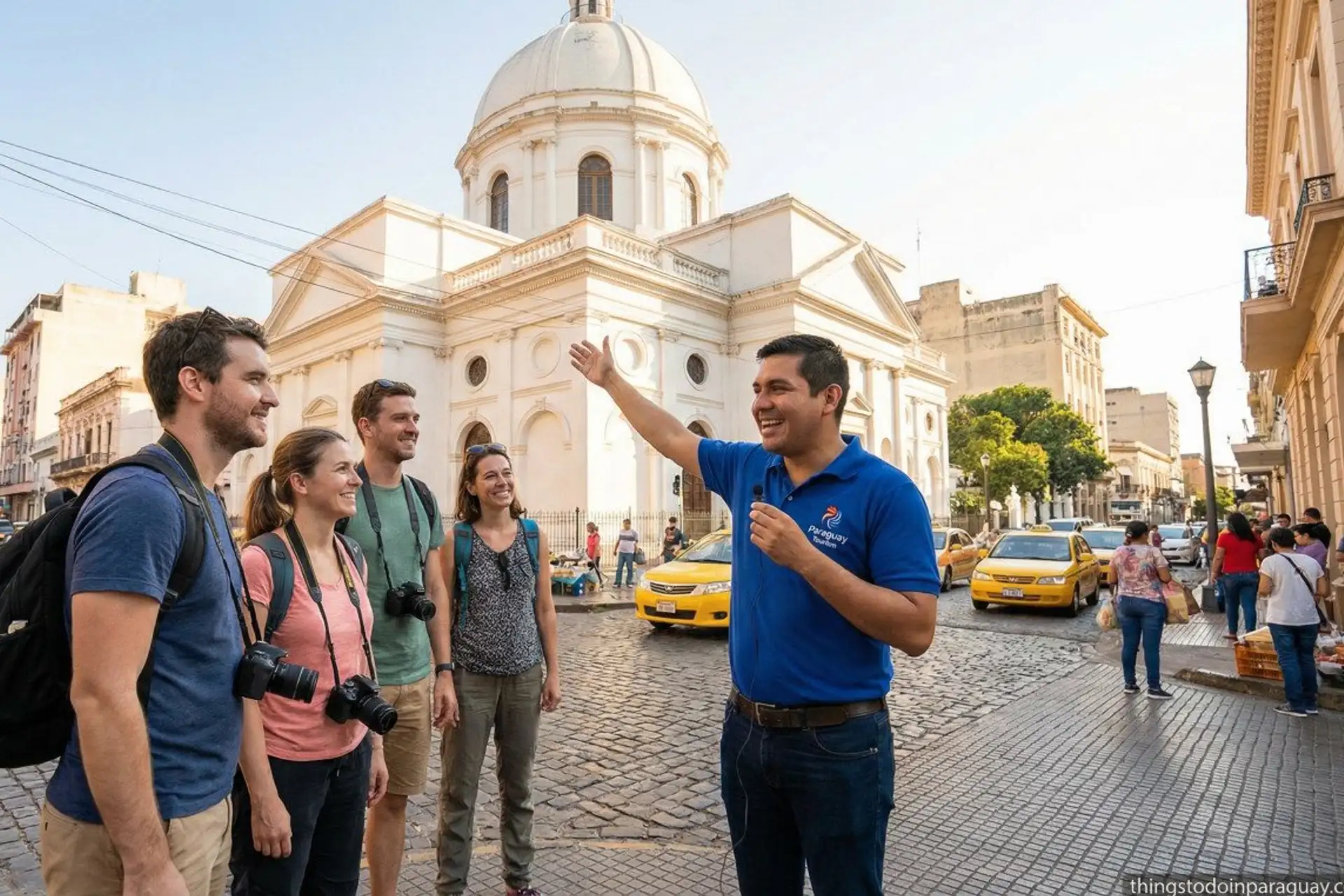 Tour guide talks to a group of tourists in front of the Pantheon of Heroes in Asuncion