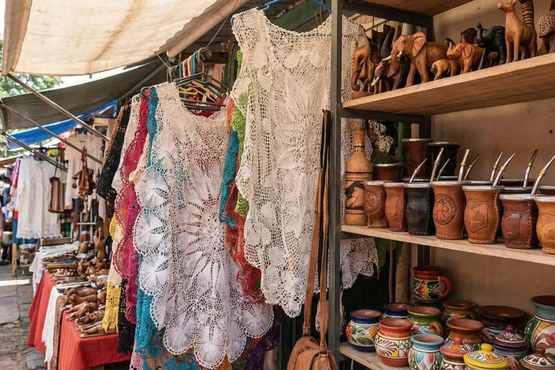 Market stall displaying traditional Paraguayan crafts including mate gourds lace and ceramics