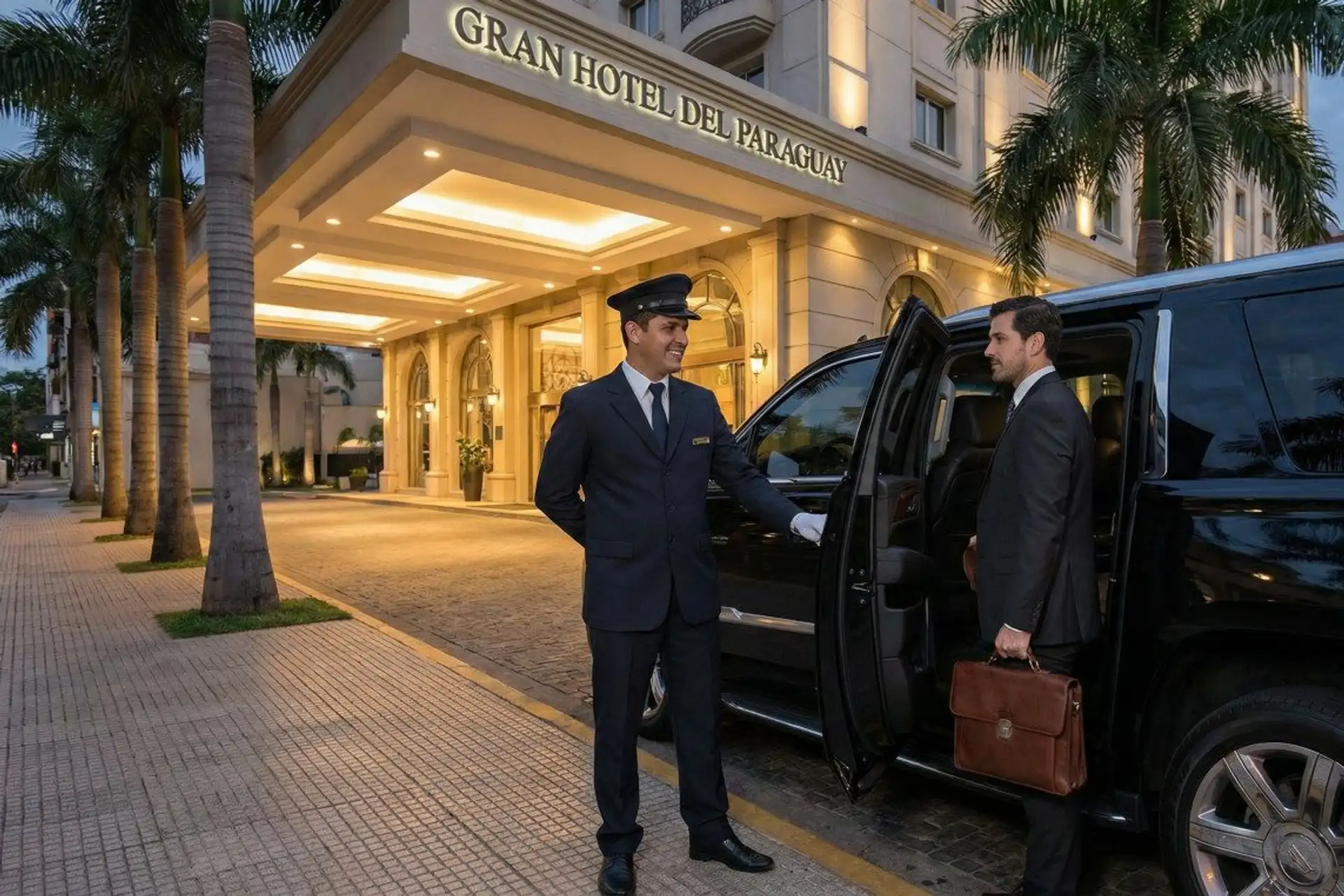 Uniformed driver opens a car door for a guest outside the Gran Hotel del Paraguay