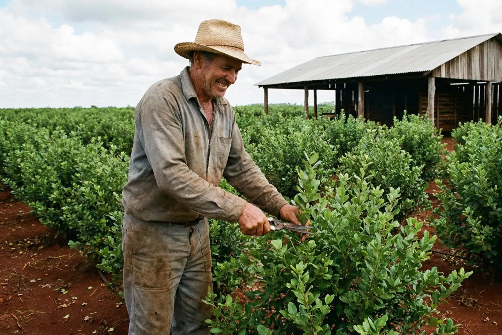 Smiling farmer in a straw hat harvests yerba mate leaves on a rural plantation